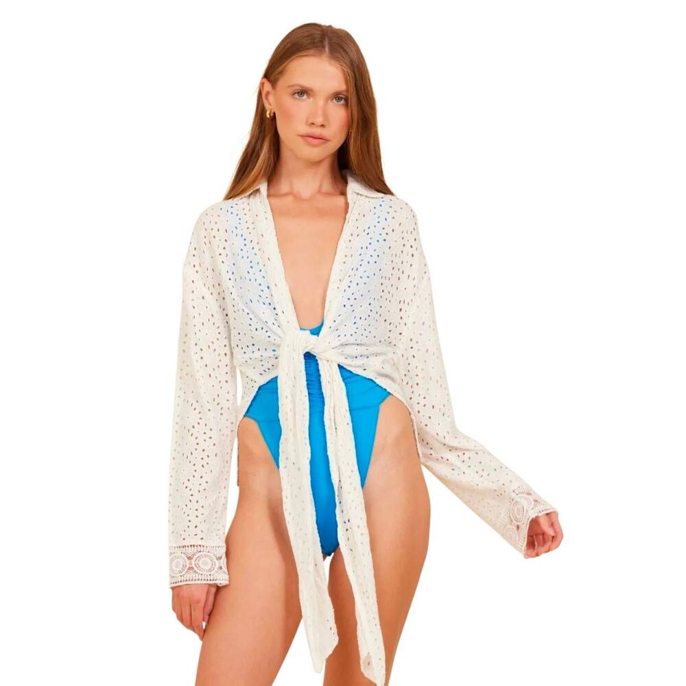 Surf Gypsy Eyelet Top Size Medium Lace Tie Front Beachy Cover Long Sleeve - Picture 1 of 8